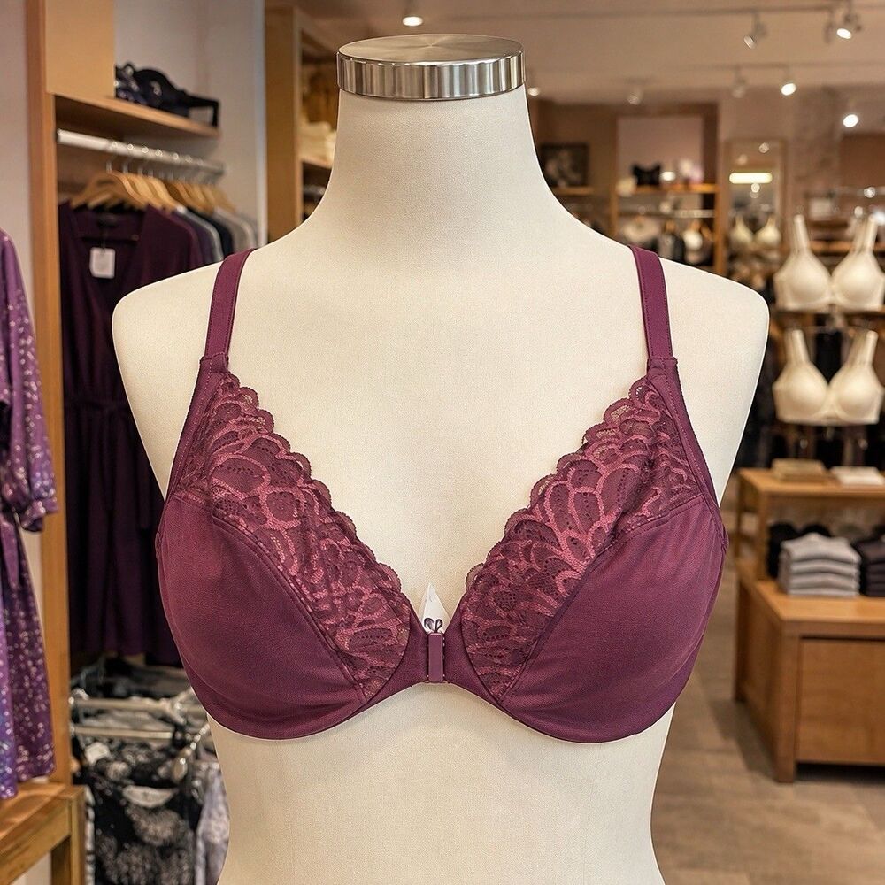 MELENECA Size 38C Racerback Unlined Lace Underwire Front Closure Bra Grape Wine